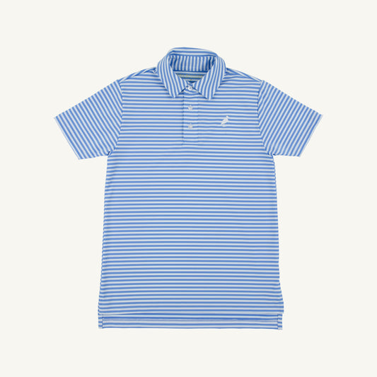 The Beaufort Bonnet Company Sunrise Blvd blue stripe and Worth Ave white PrepleticTM Prim and Proper Polo, displayed flat.