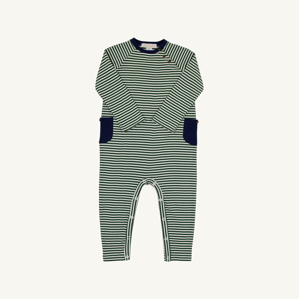 Grier Green and Palmetto Pearl Stripe Rayburn Romper by The Beaufort Bonnet Company, featuring a stylish striped design for babies.