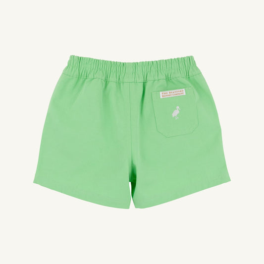 The Beaufort Bonnet Company Lexington Lime and Saratoga Stone Sheffield Twill Shorts for kids, showing the stylish twill fabric and color details.