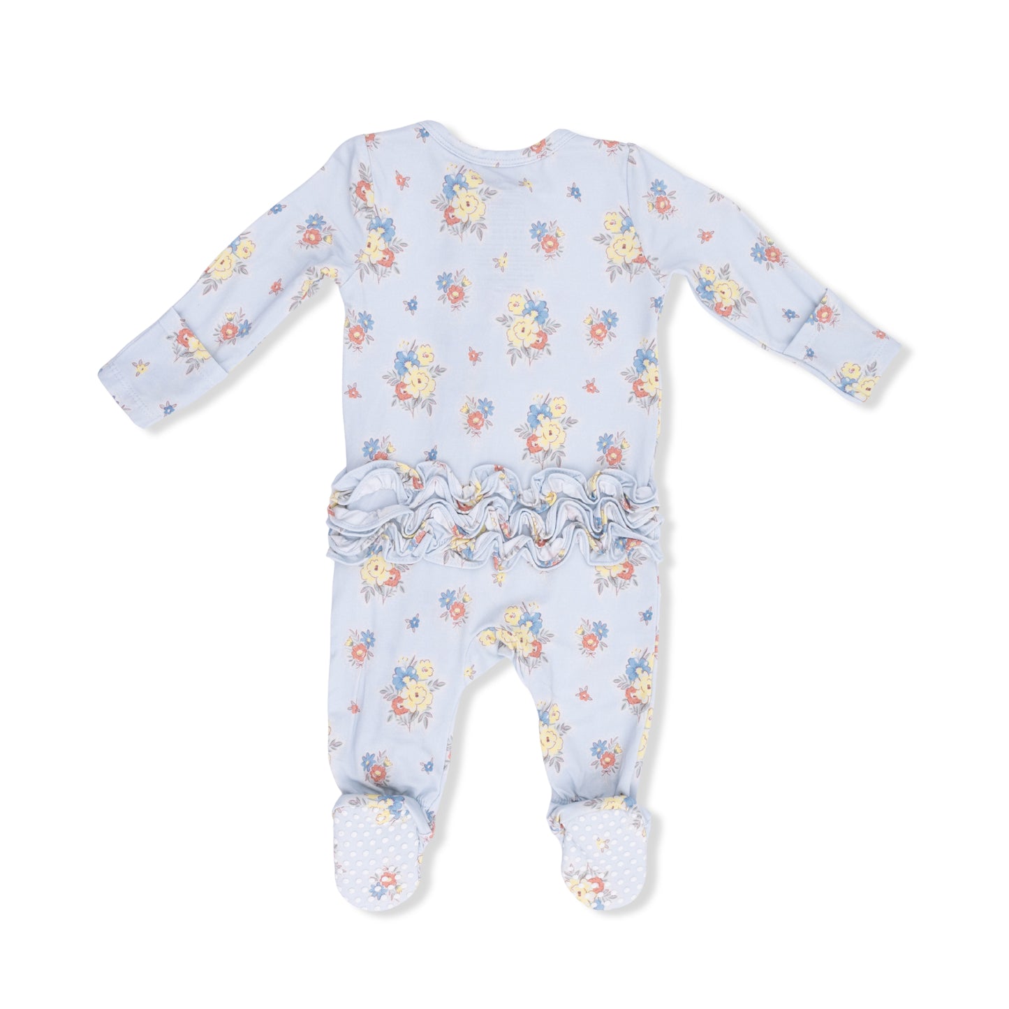 Angel Dear Country Stitch Floral 2-Way Ruffle Back Zipper Footie for infants, featuring colorful floral pattern and soft fabric.