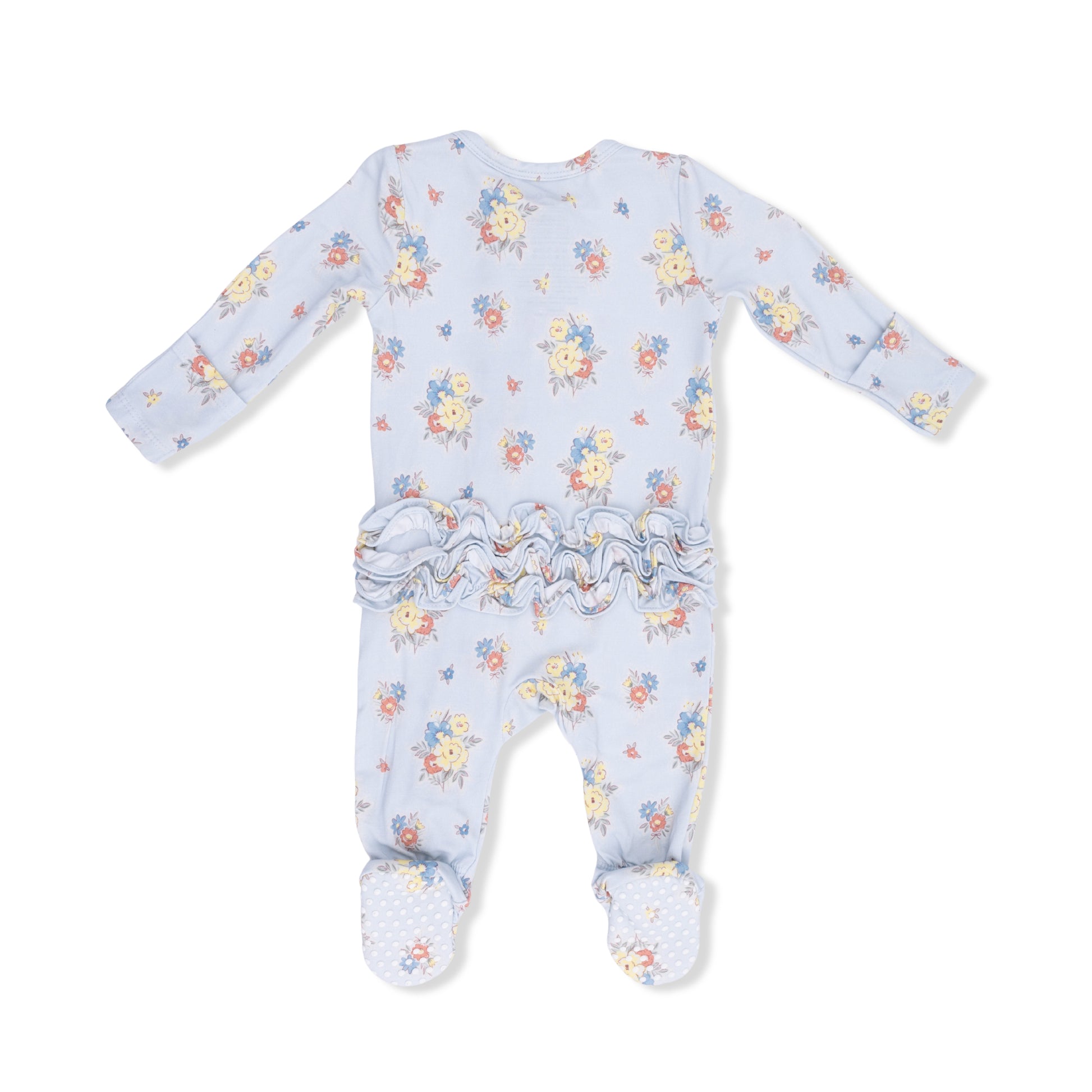 Angel Dear Country Stitch Floral 2-Way Ruffle Back Zipper Footie for infants, featuring colorful floral pattern and soft fabric.