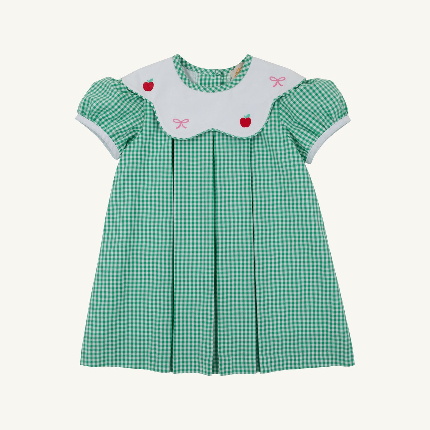 Gibson Island Green Mini Gingham Frenchy Frock for girls, featuring a classic gingham pattern and ruffled details from The Beaufort Bonnet Company.