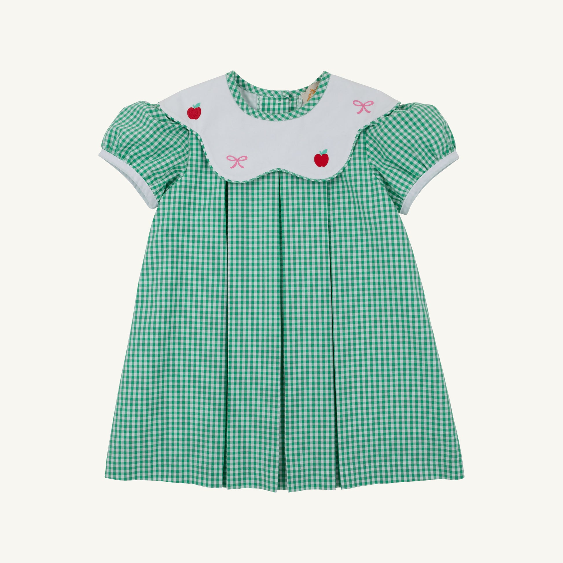 Gibson Island Green Mini Gingham Frenchy Frock for girls, featuring a classic gingham pattern and ruffled details from The Beaufort Bonnet Company.