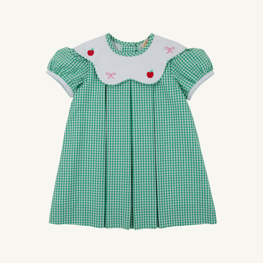 Gibson Island Green Mini Gingham Frenchy Frock for girls, featuring a classic gingham pattern and ruffled details from The Beaufort Bonnet Company.