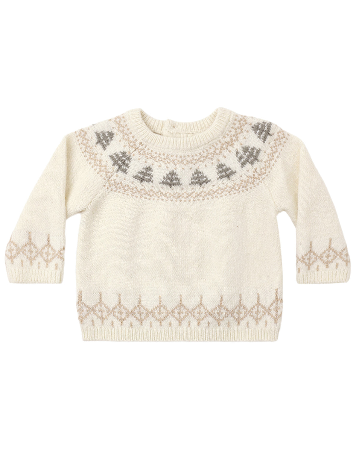 Quincy Mae Tree Fair Isle Rex Sweater featuring a festive green and red Christmas tree pattern on soft knit fabric.