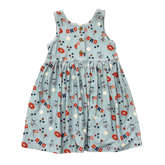 Babysprouts Summer USA Henley Tank Dress for girls, sleeveless cotton dress with patriotic USA print and henley neckline.