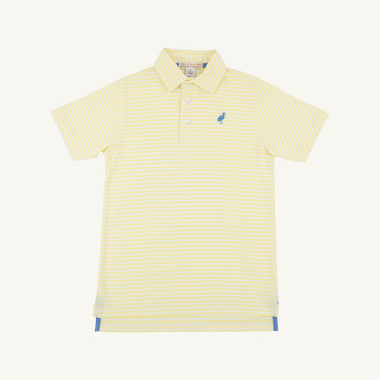 Prim and Proper Polo by The Beaufort Bonnet Company featuring yellow stripe and Barbados blue colors, shown on a child.