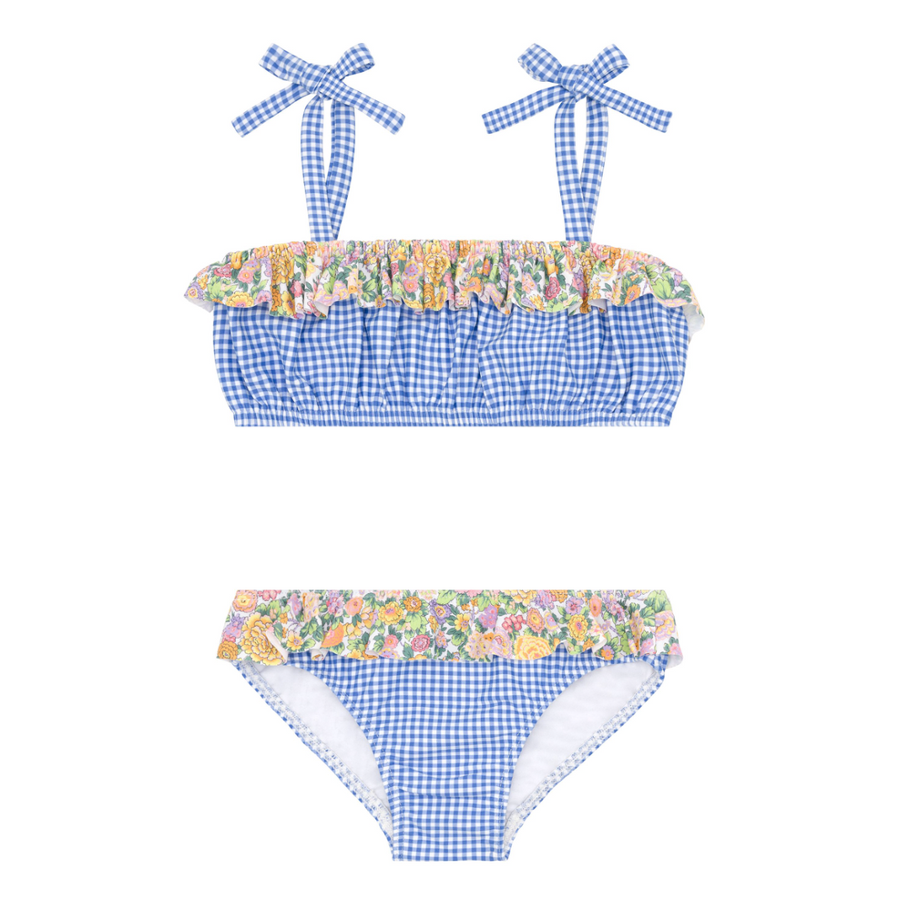 minnow - girls blue micro gingham bandeau tie strap bikini with elysian day ruffle