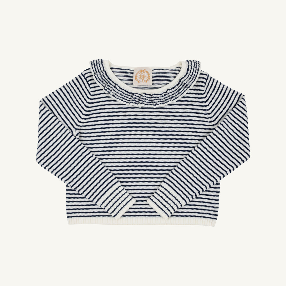 Nantucket navy and palmetto pearl stripe Reece ruffle sweater by The Beaufort Bonnet Company, featuring a soft knitted fabric with ruffle details.