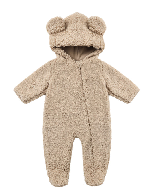 Quincy Mae Latte Bear jumpsuit for babies, soft beige fabric with bear print, cozy and stylish one-piece for little ones.