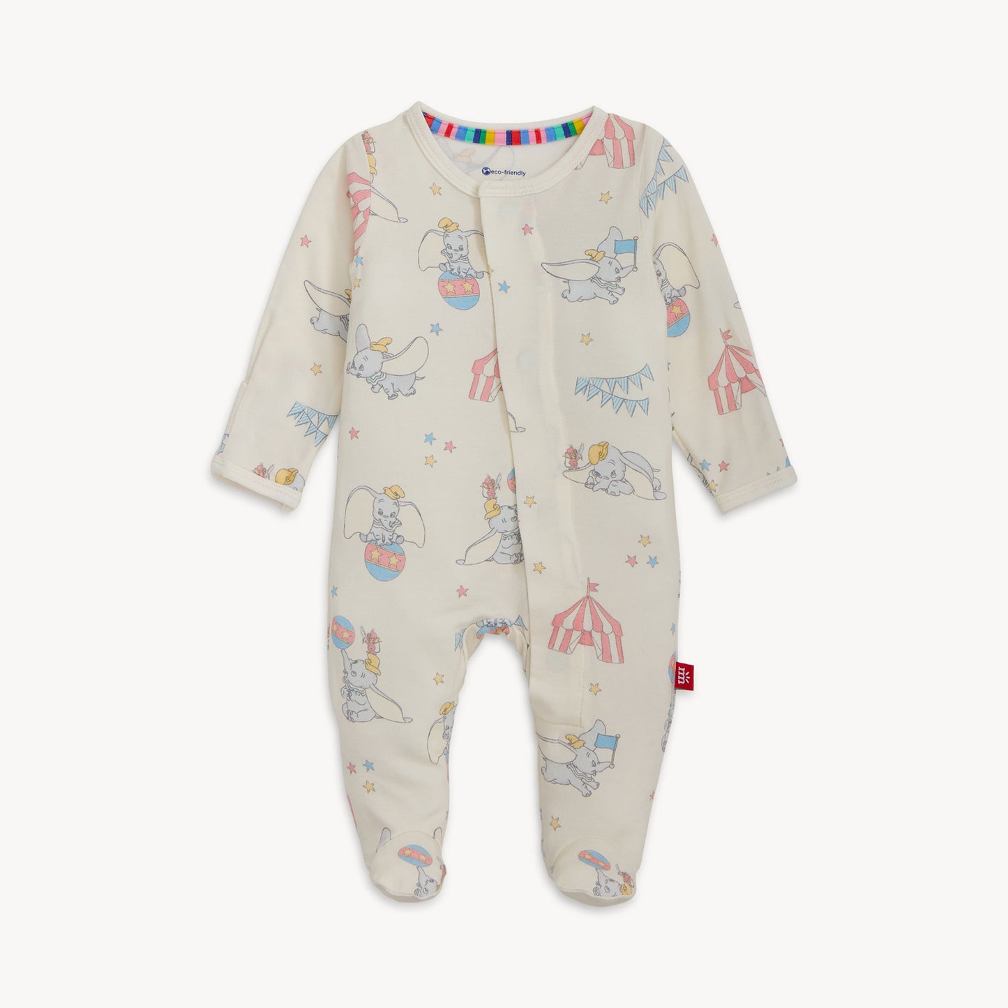 Dumbo Circus Modal Magnetic Me footie for infants, featuring colorful Dumbo and circus-themed design with magnetic closures.