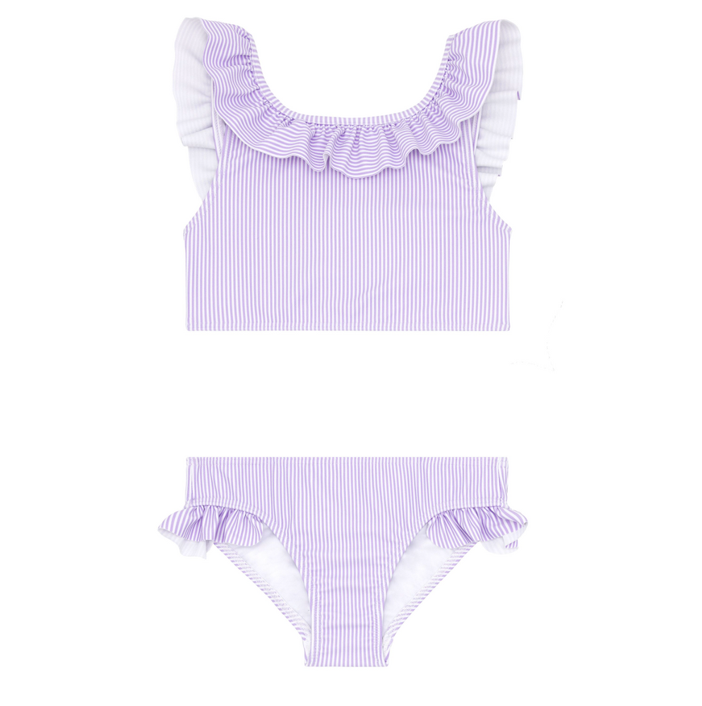 minnow - girls lavender micro stripe ruffle neck bikini