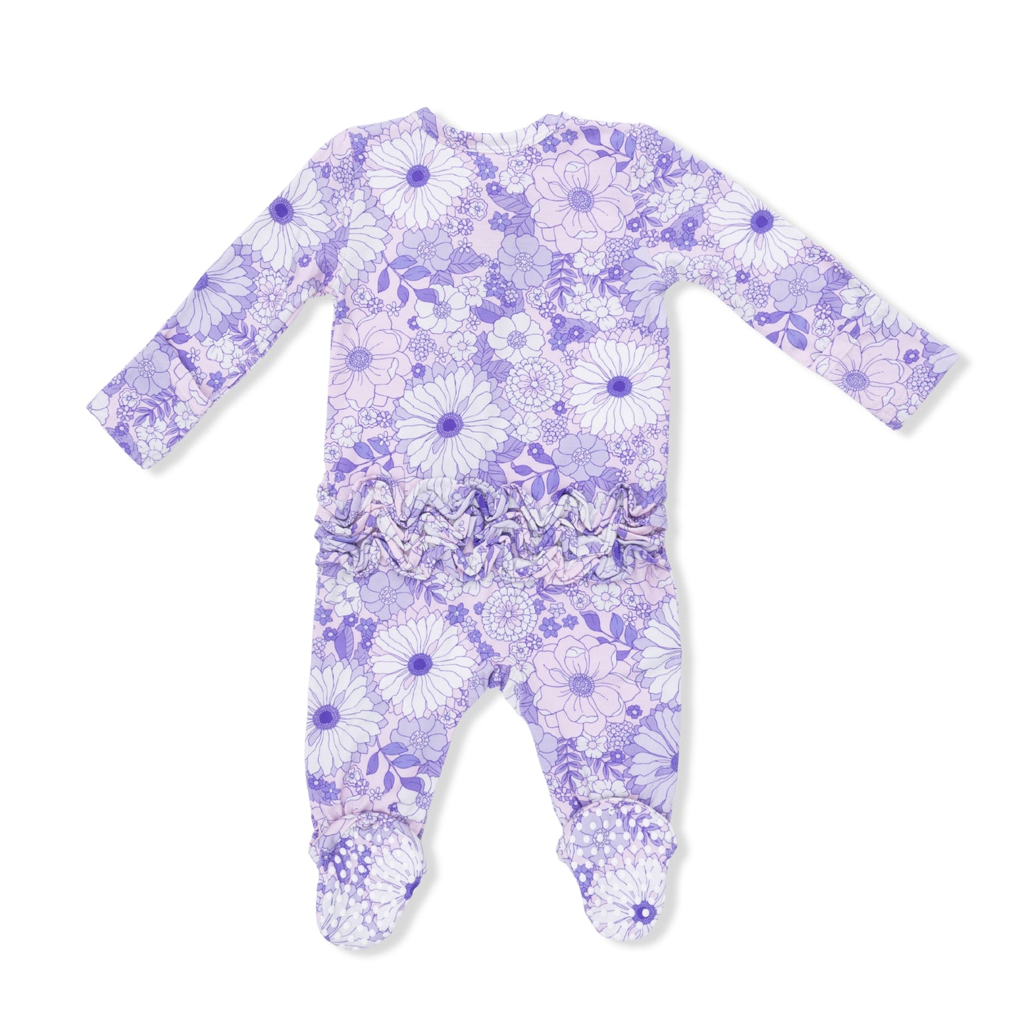 Lacy lavender floral baby footie with 2-way ruffle back zipper from Angel Dear, showing the detailed floral lace fabric and ruffle accents.