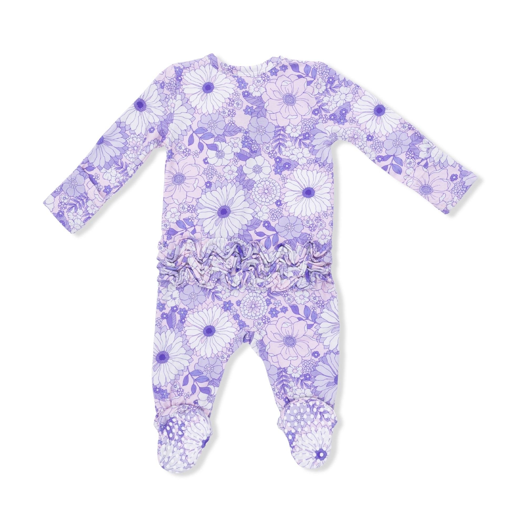 Lacy lavender floral baby footie with 2-way ruffle back zipper from Angel Dear, showing the detailed floral lace fabric and ruffle accents.