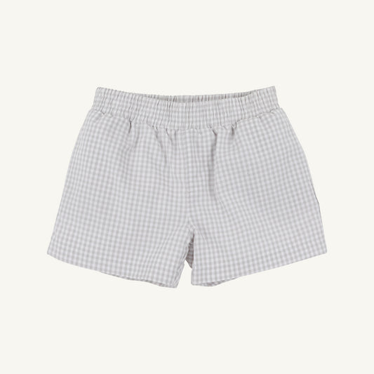 Gray and periwinkle Sheffield shorts with mini gingham and Park City pattern from The Beaufort Bonnet Company.