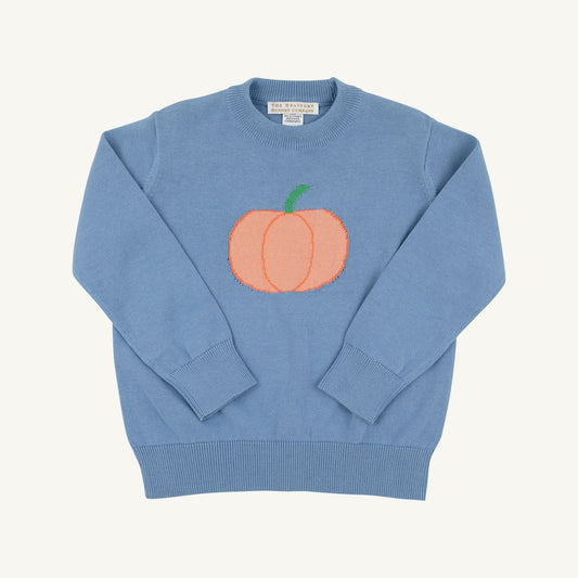 Blue and pumpkin Isaac's Intarsia Sweater by The Beaufort Bonnet Company, featuring a cozy knit design and colorful pattern.