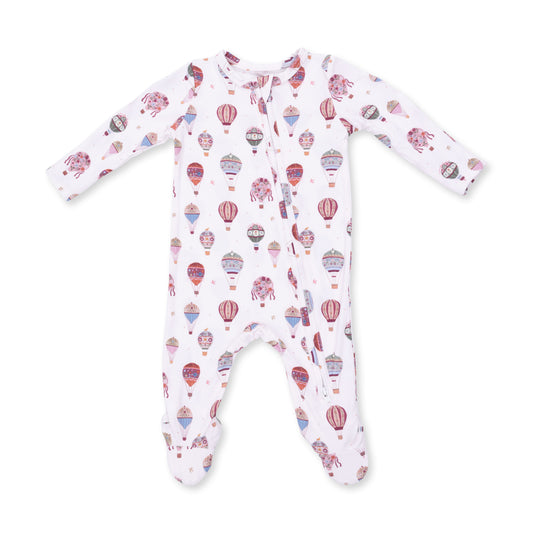 Angel Dear hot air balloon zip footie for infants, featuring colorful balloon pattern and cozy fabric for comfortable wear.