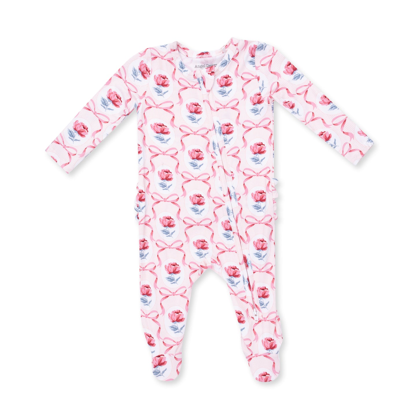 Angel Dear Leslie Rose ruffle zip footie for infants, featuring soft fabric and adorable ruffle details.
