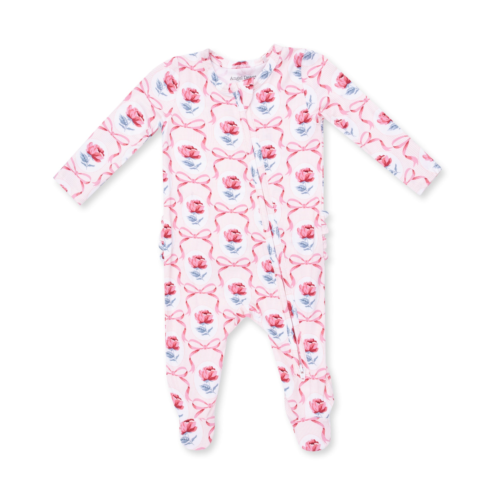 Angel Dear Leslie Rose ruffle zip footie for infants, featuring soft fabric and adorable ruffle details.