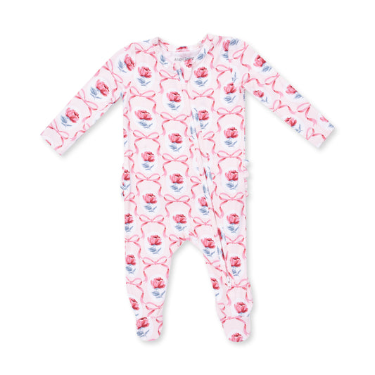 Angel Dear Leslie Rose ruffle zip footie for infants, featuring soft fabric and adorable ruffle details.