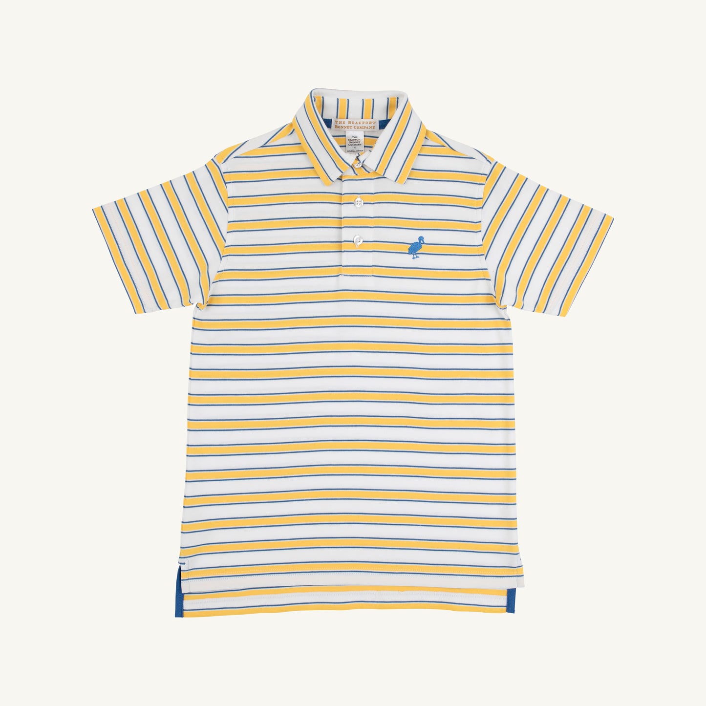 Blue polo shirt with boat and lines pattern for kids from The Beaufort Bonnet Company, featuring a classic collar and short sleeves.