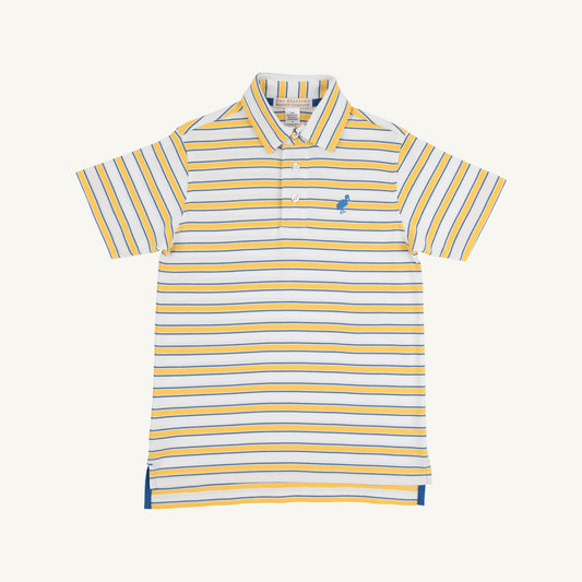 Blue polo shirt with boat and lines pattern for kids from The Beaufort Bonnet Company, featuring a classic collar and short sleeves.