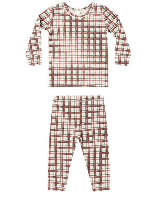 Redwood Check Bamboo Pajama Set by Quincy Mae, featuring a cozy, patterned bamboo fabric in a check design for comfortable sleepwear.