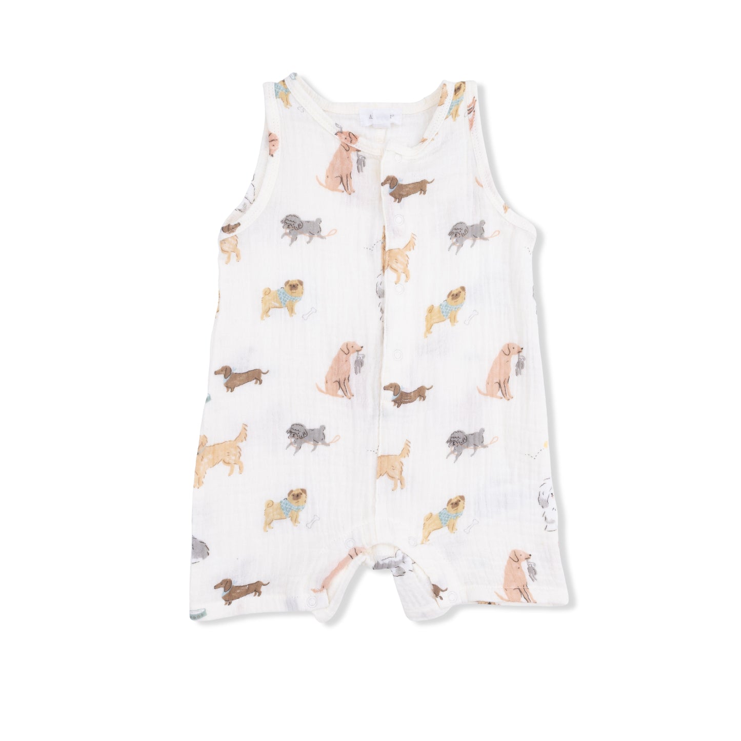 Angel Dear Awesome Dogs sleeveless shortie romper for babies, featuring a cute dog print and soft fabric.