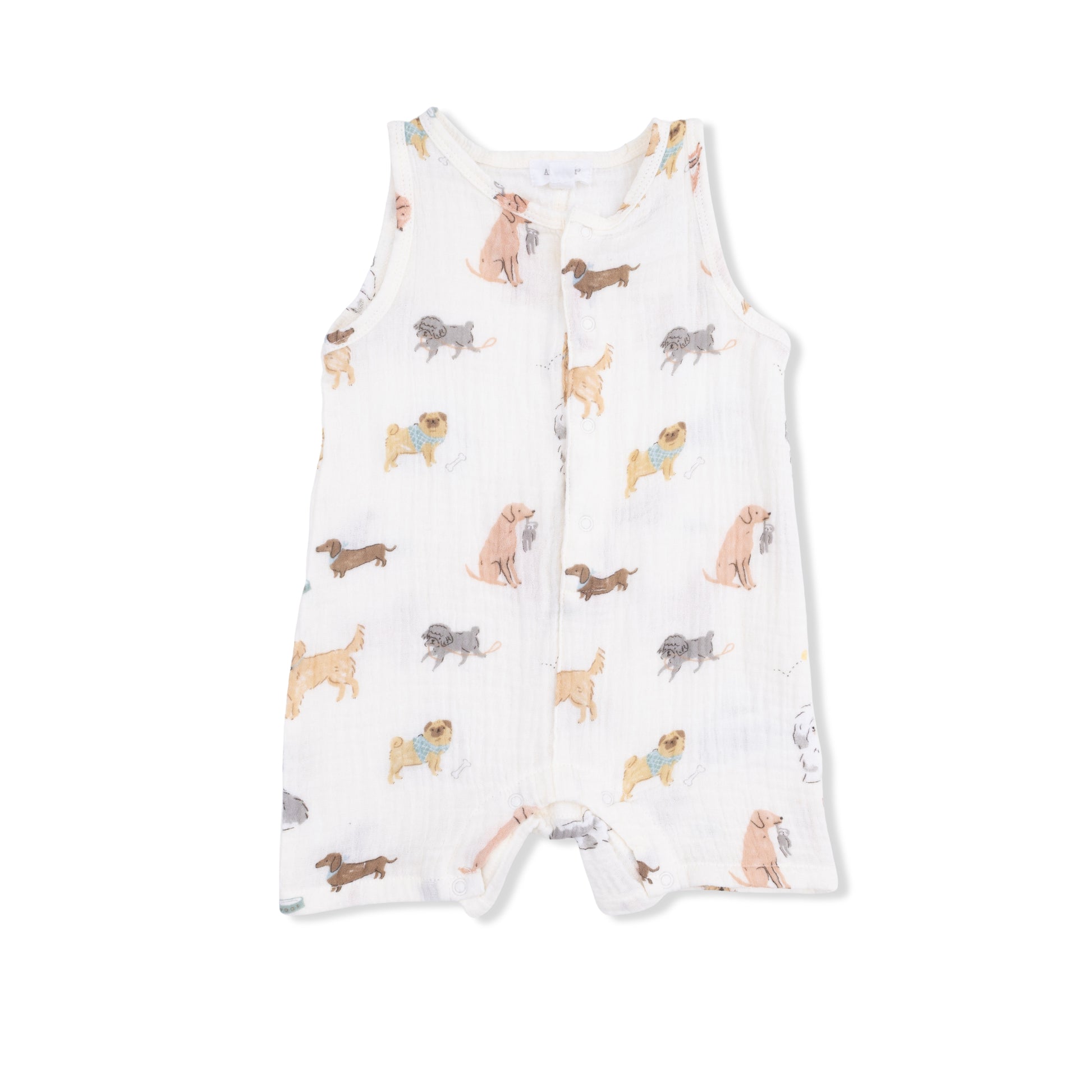 Angel Dear Awesome Dogs sleeveless shortie romper for babies, featuring a cute dog print and soft fabric.