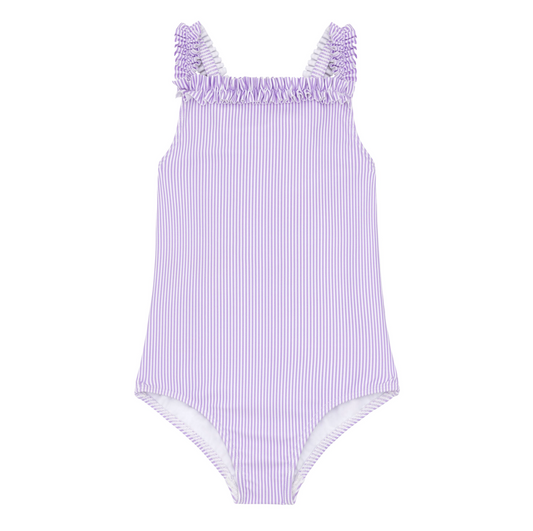 minnow - girls lavender stripe ruched strap one piece