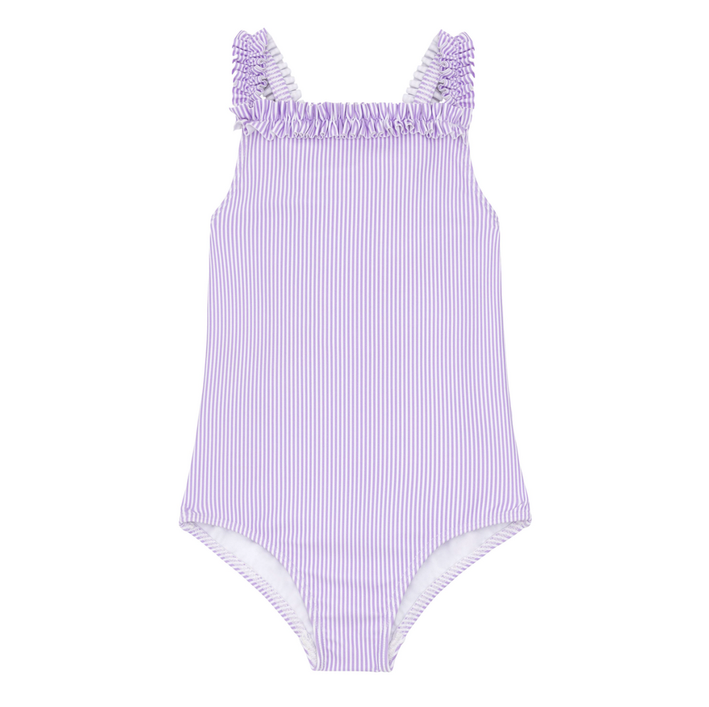 minnow - girls lavender stripe ruched strap one piece