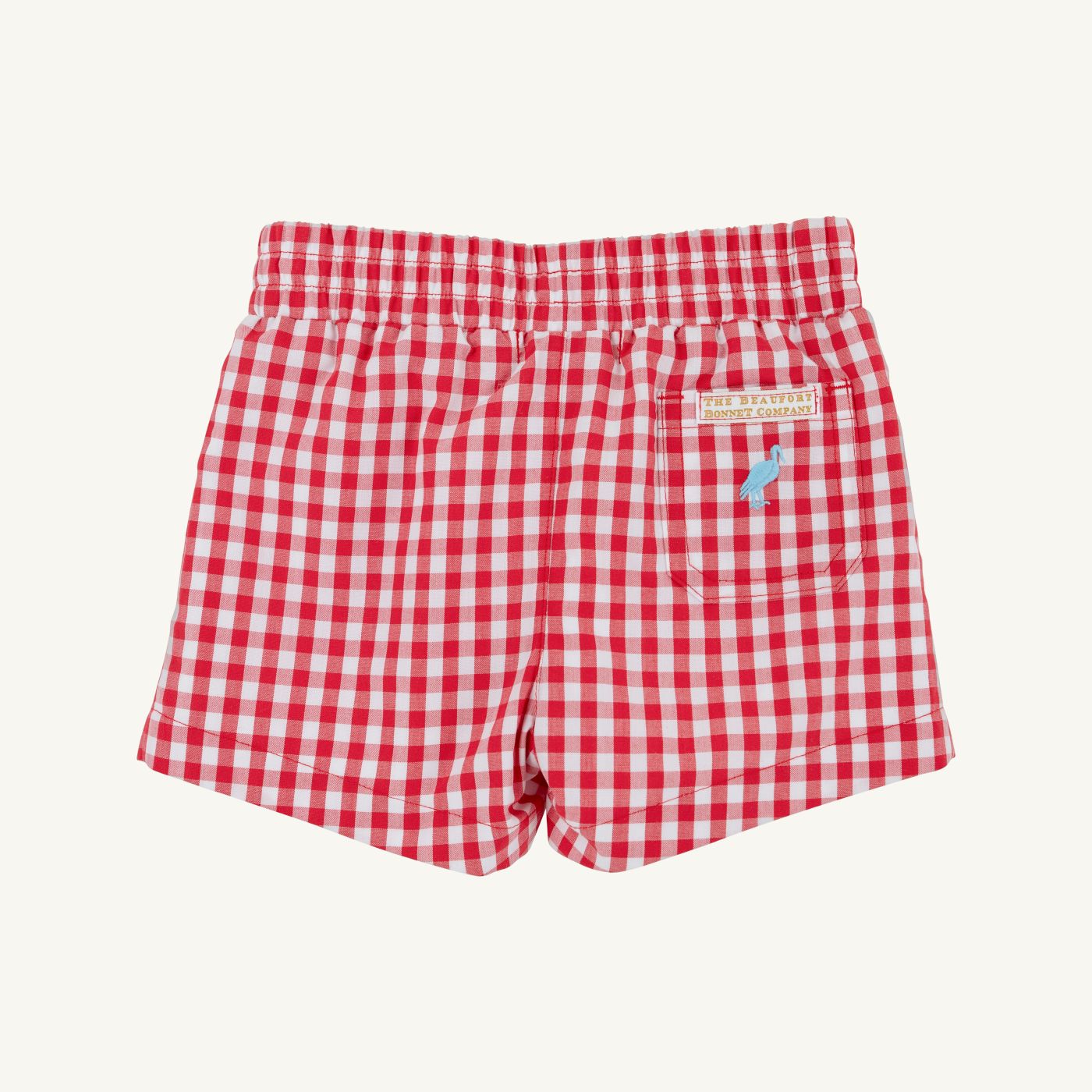Richmond red gingham and Belhaven blue Sheffield shorts by The Beaufort Bonnet Company, showing front view with elastic waist and pockets.