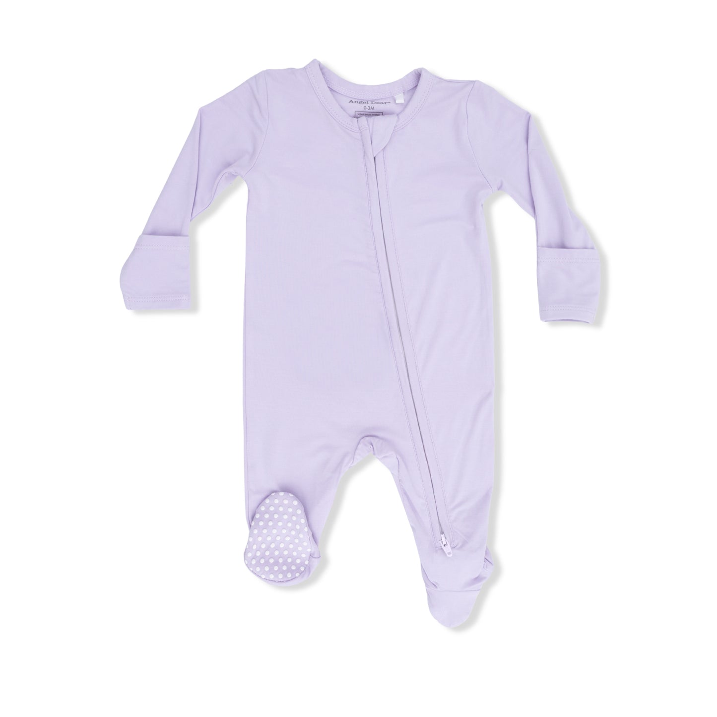 Angel Dear Solid Orchid Petal 2-Way Zipper Footie for babies, featuring soft fabric and convenient zipper closure.