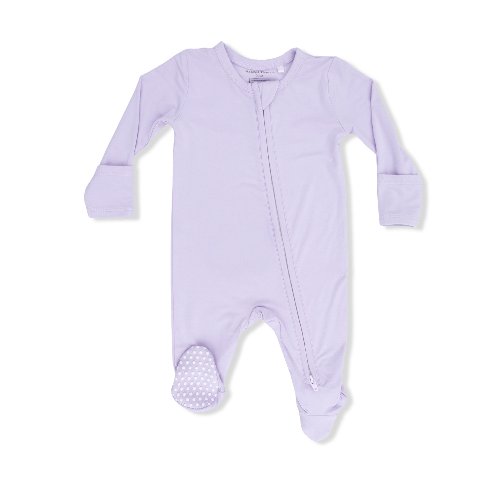 Angel Dear Solid Orchid Petal 2-Way Zipper Footie for babies, featuring soft fabric and convenient zipper closure.