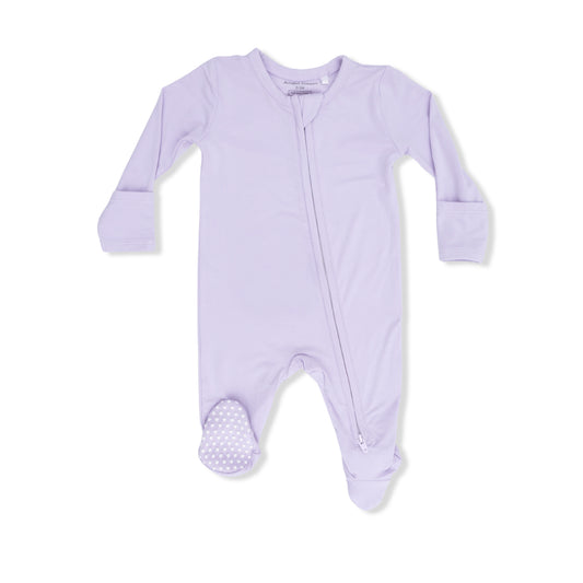 Angel Dear Solid Orchid Petal 2-Way Zipper Footie for babies, featuring soft fabric and convenient zipper closure.