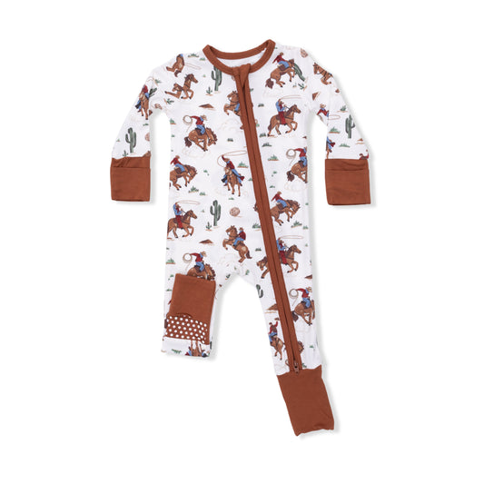 Angel Dear Buckaroo Western Convertible Romper for babies, featuring cowboy print and adjustable straps.