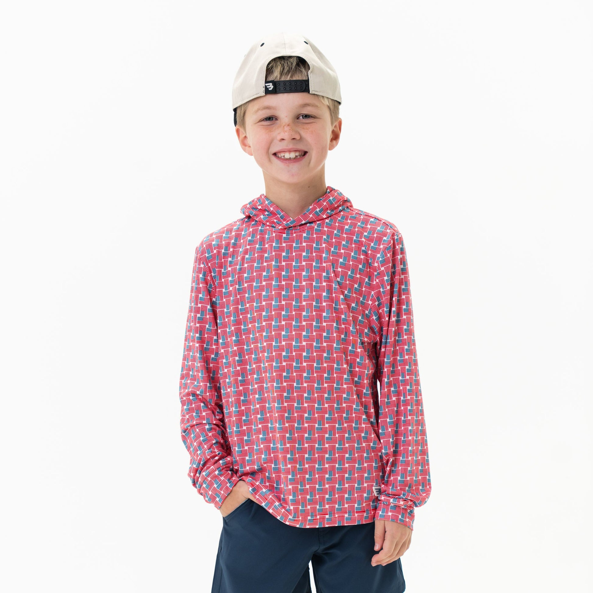 Burlebo American flag print performance hoodie with front pocket and drawstrings, casual athletic style.