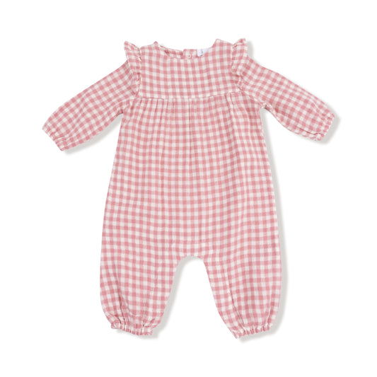 Rose Pink Plaid Ruffle Sleeve Romper