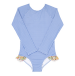 minnow - girls blue micro gingham rashguard one piece with elysian day ruffles