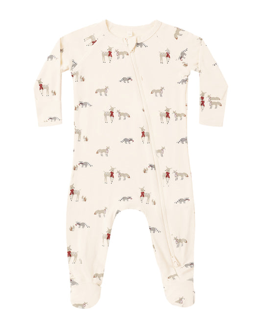 Quincy Mae Forest Friends Bamboo Zip Footie featuring woodland animal prints and soft, eco-friendly bamboo fabric for babies.