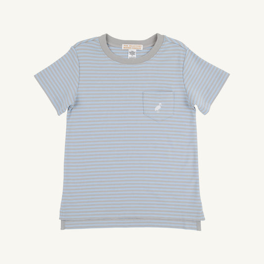 Beale Street Blue and Grantley Gray Stripe Carter Crewneck by The Beaufort Bonnet Company, front view showing striped design and crewneck style.