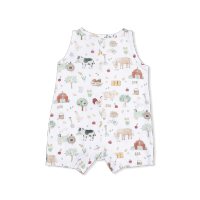 Angel Dear cute farm animals sleeveless shortie romper for babies, featuring colorful farm animal prints on soft fabric.