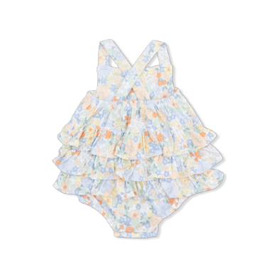 Angel Dear Georgia Floral Ruffle Sunsuit for babies with colorful floral pattern and ruffled shoulder design.