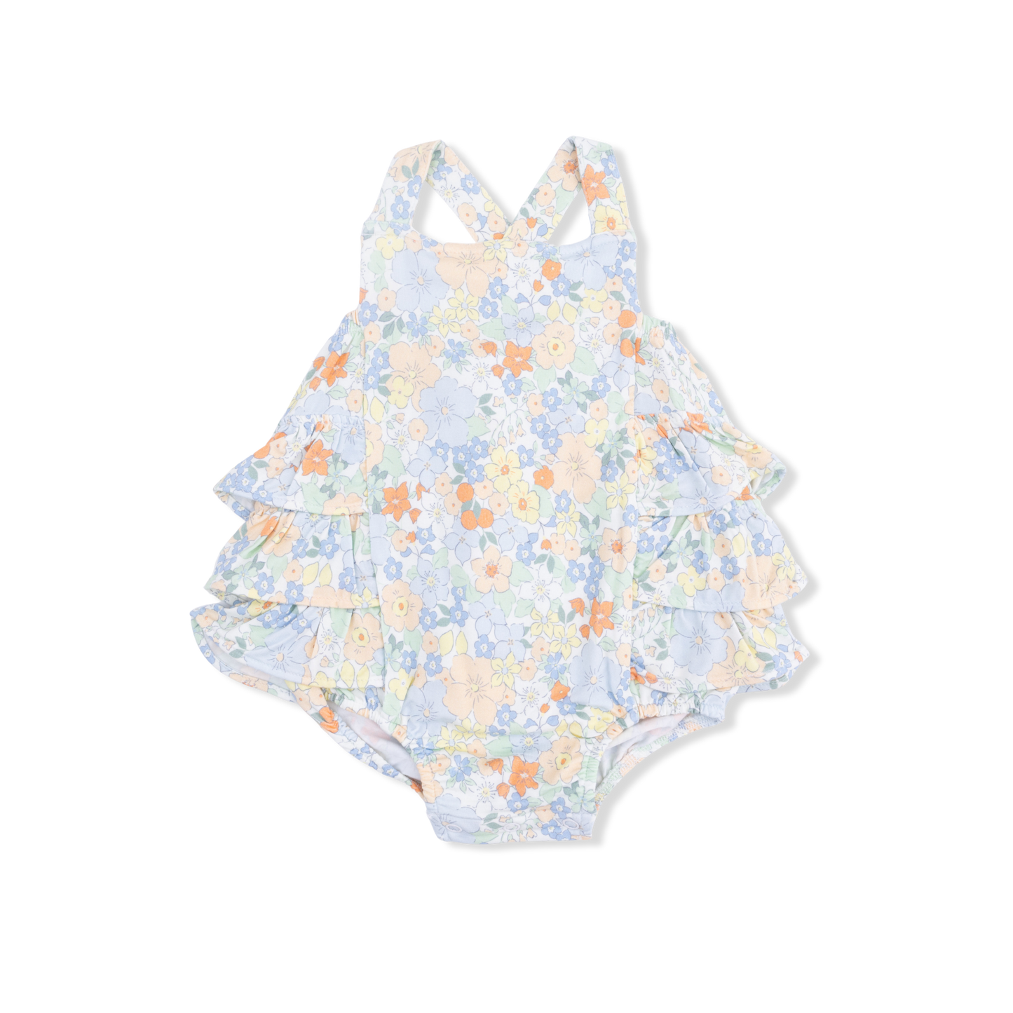 Angel Dear Georgia Floral Ruffle Sunsuit for babies, featuring a colorful floral pattern and ruffled straps, perfect for warm weather.