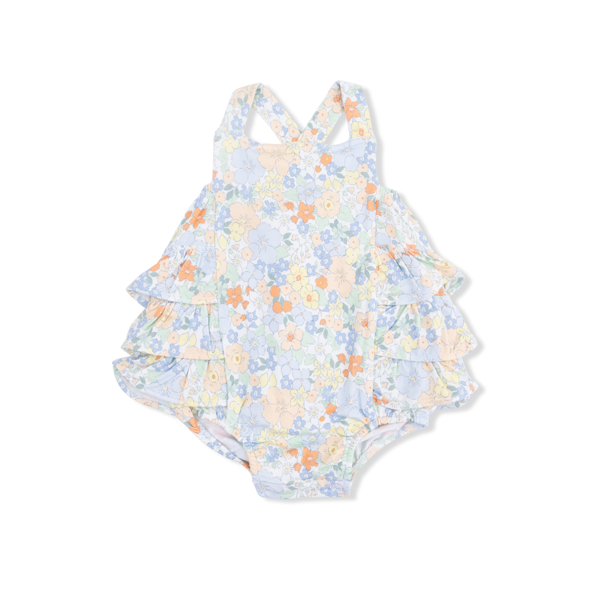 Angel Dear Georgia Floral Ruffle Sunsuit for babies, featuring a colorful floral pattern and ruffled straps, perfect for warm weather.