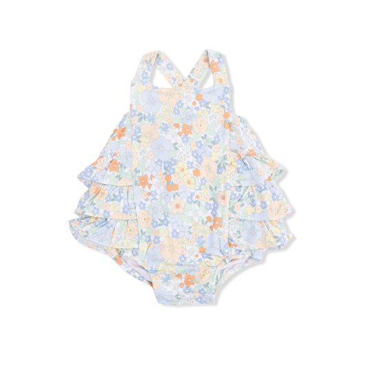 Angel Dear Georgia Floral Ruffle Sunsuit for babies, featuring a colorful floral pattern and ruffled straps, perfect for warm weather.