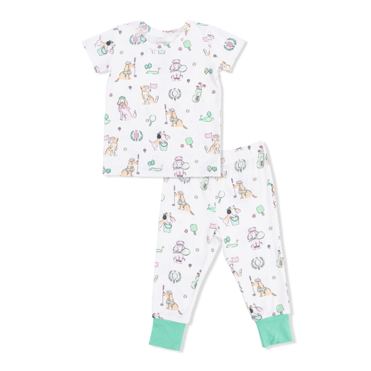 Pink short sleeve loungewear set for dogs by Angel Dear, featuring a cozy, stylish country club dog design.