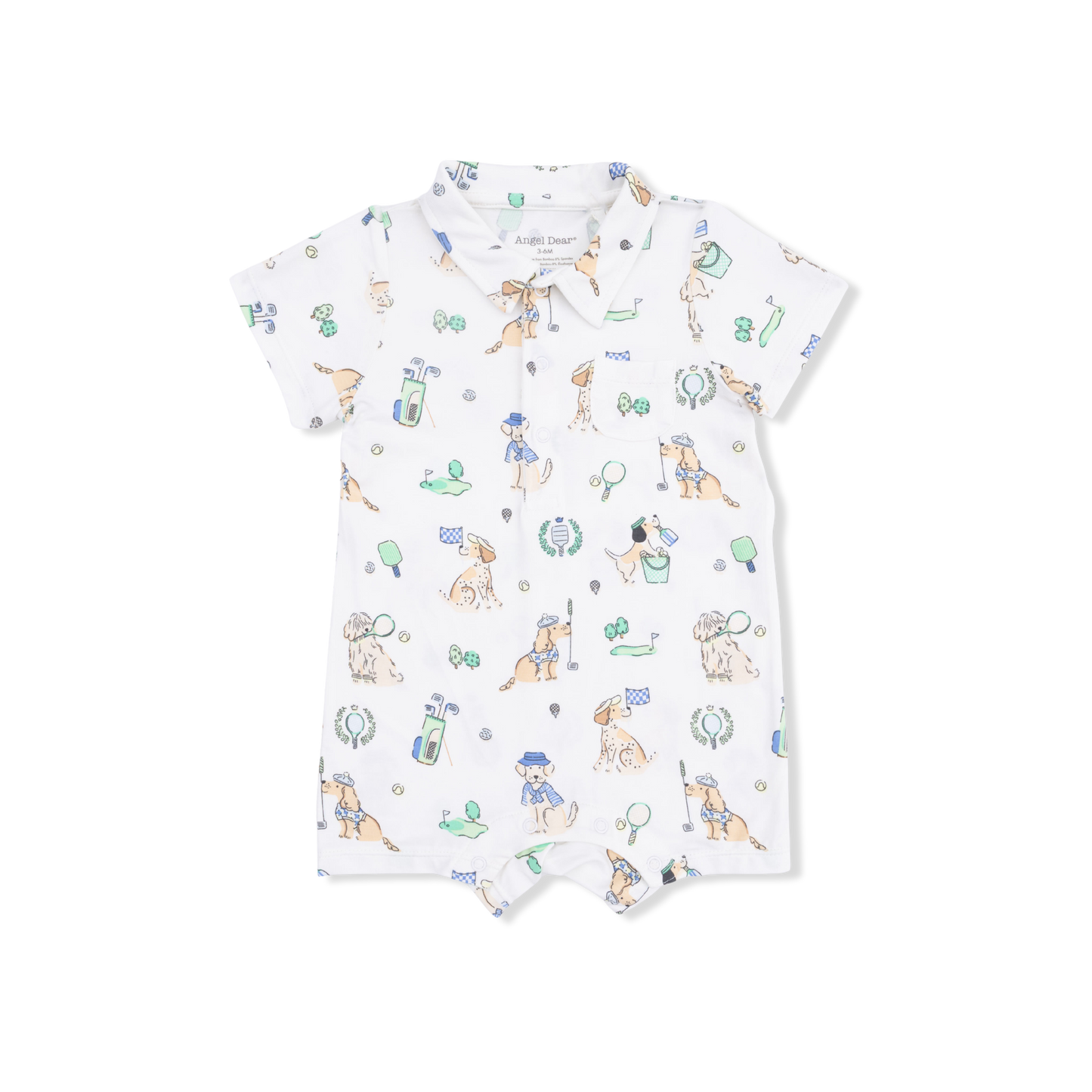 Angel Dear Country Club Dogs Polo Shortie for kids, featuring a soft cotton fabric, colorful dog print, and classic polo style.