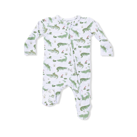 Angel Dear Crayon Alligators 2 Way Zipper Footie featuring colorful alligator print and soft fabric for babies.