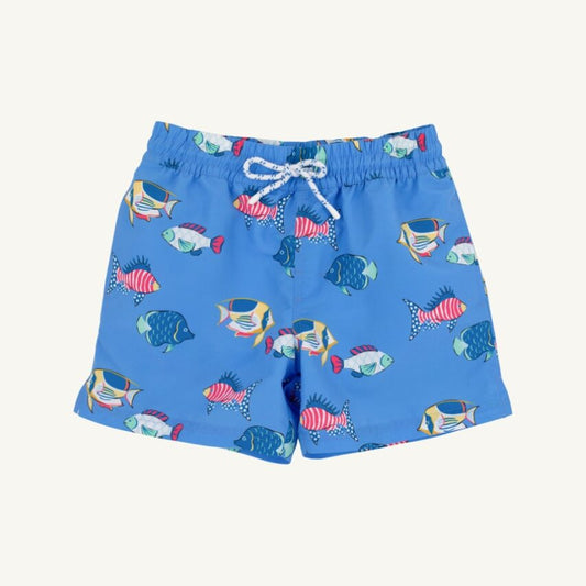 Blue Newport Night Tortola swim trunks with fish pattern from The Beaufort Bonnet Company, displayed hanging flat.